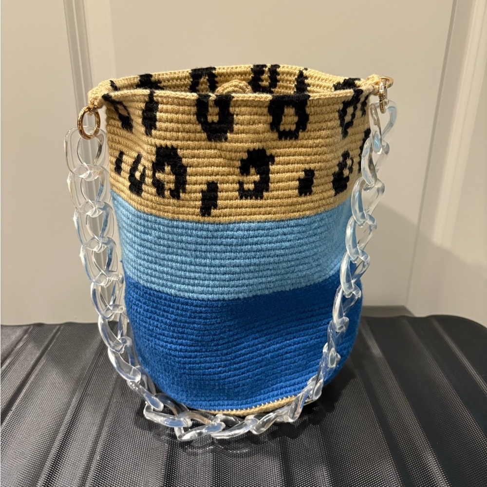 Leopard Print and Blue Crochet Shoulder Bag